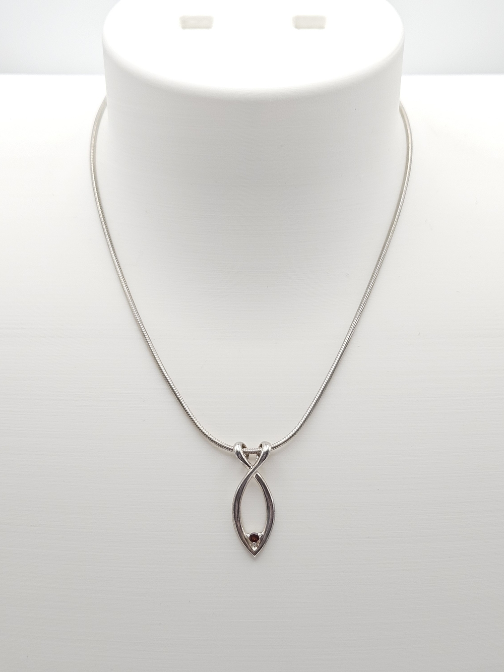 Sterling Silver Open Marquise Pendant Necklace with Red Stone Accent